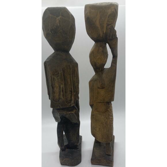 Vintage Tribal African Couple Hand Carved Wooden 12" Sculptures ~ Man & Woman - Picture 8 of 10